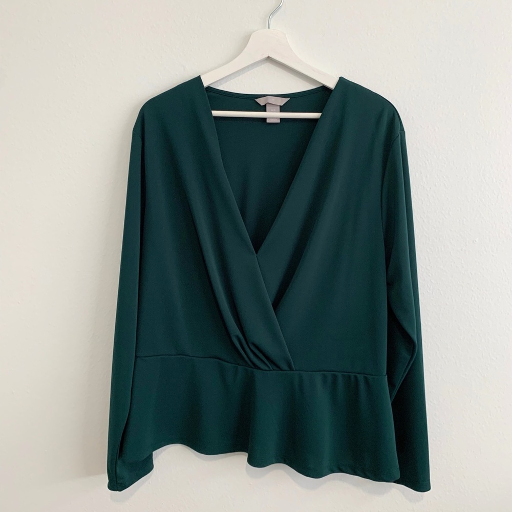 H&M Pretty Woman's Long Sleeve Blouse Sexy Plunging Neckline Emerald Green XL